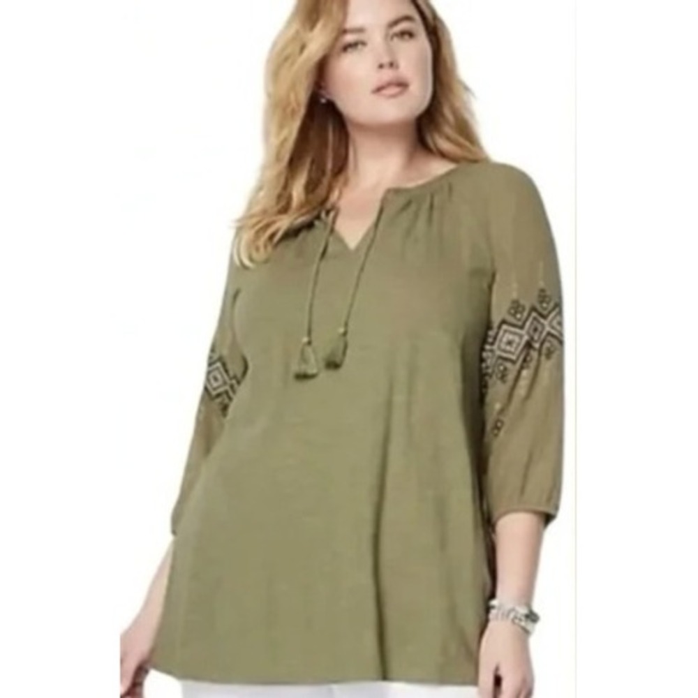 J. Jill Embroidered Tassel Top M Olive Green Cotton 3/4 Sleeve Peasant Bohemian